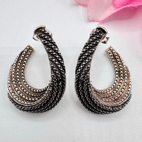 Tested Silver Twisted Hoop Earrings Faux Marcasite Milgrain Cobbled 9.23 Grams - Picture 1 of 16